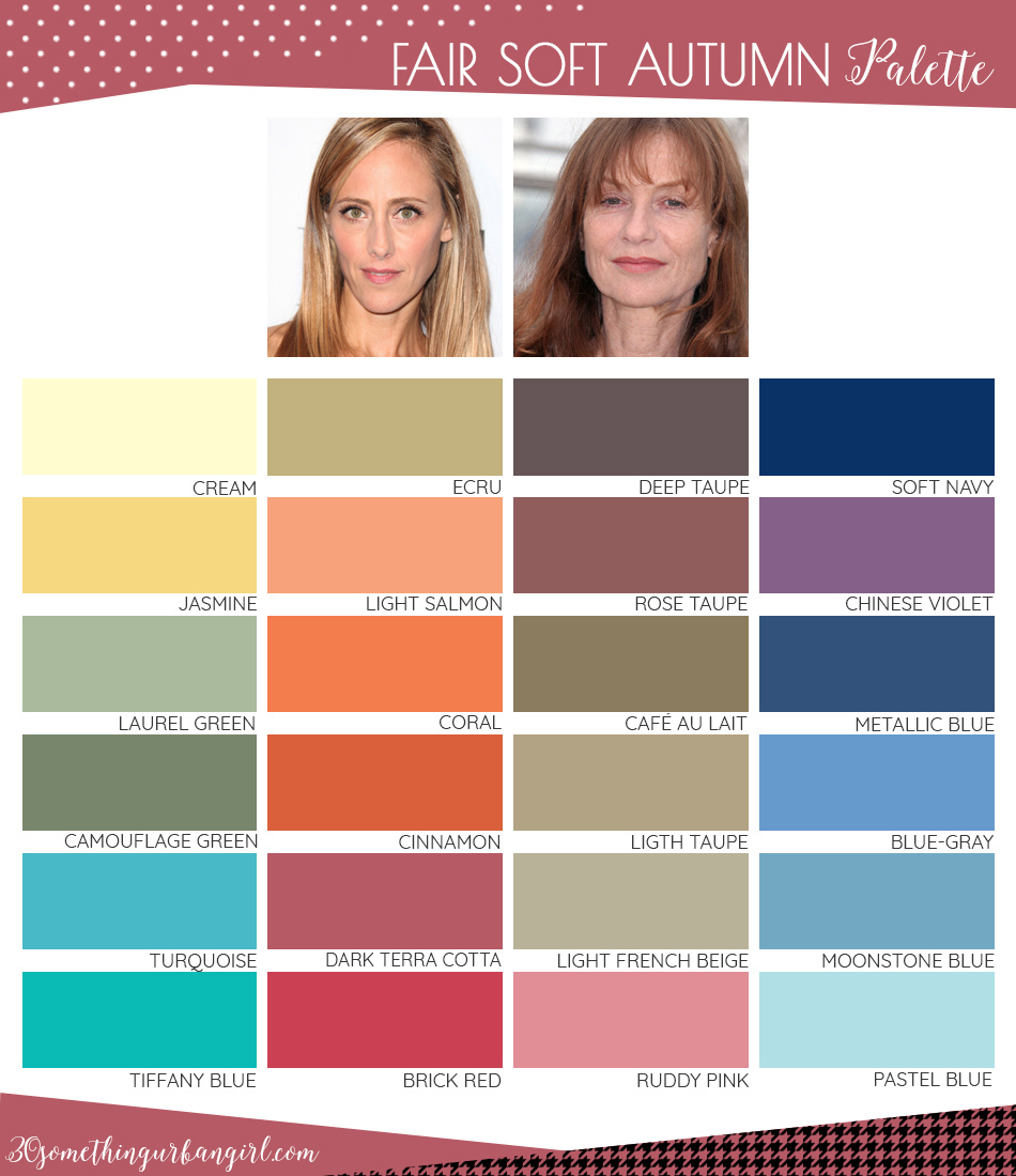 Best colors for Fair Soft Autumn seasonal color women; Fair Soft Autumn color palette