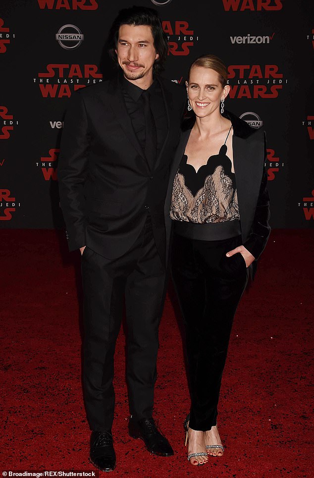 Kept that quiet! Adam Driver, 34, reportedly has a two-year-old son with his wife of four years Joanne Tucker (pictured at Star Wars: The Last Jedi film premiere in 2017) 