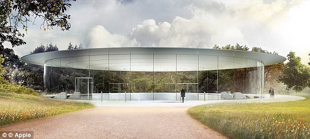 The Steve Jobs Theater is situated on top of a hill ¿ one of the highest points within Apple Park ¿ overlooking meadows and the main building. Opening on September 12th, the entrance to the 1,000-seat auditorium is a 20-foot-tall glass cylinder, 165 feet in diameter, supporting a metallic carbon-fibre roof