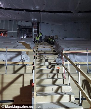 .While the upper part has been seen in other photos, this is the first look at the main part of the theater where the firm will unveil the new iPhone next week. Multiple pictures show the seats, which appear to be bleacher-style
