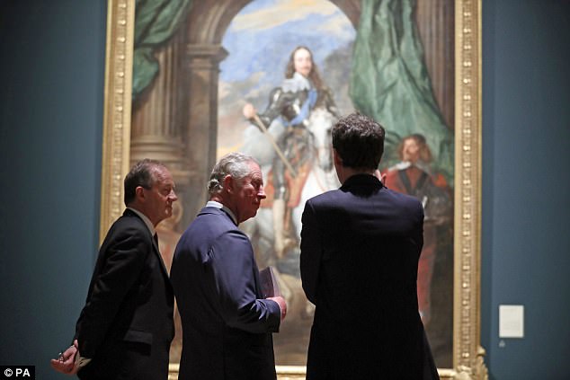 The royal paused to admire a painting of his ancestor by Van Dyck, painted in in 1633