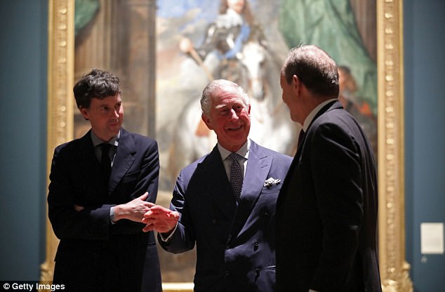 The royal chats with curators Desmond Shawe-Taylor (right) and Per Rumberg