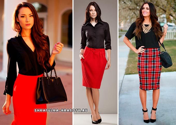 черная блузка или рубашка с красной юбкой