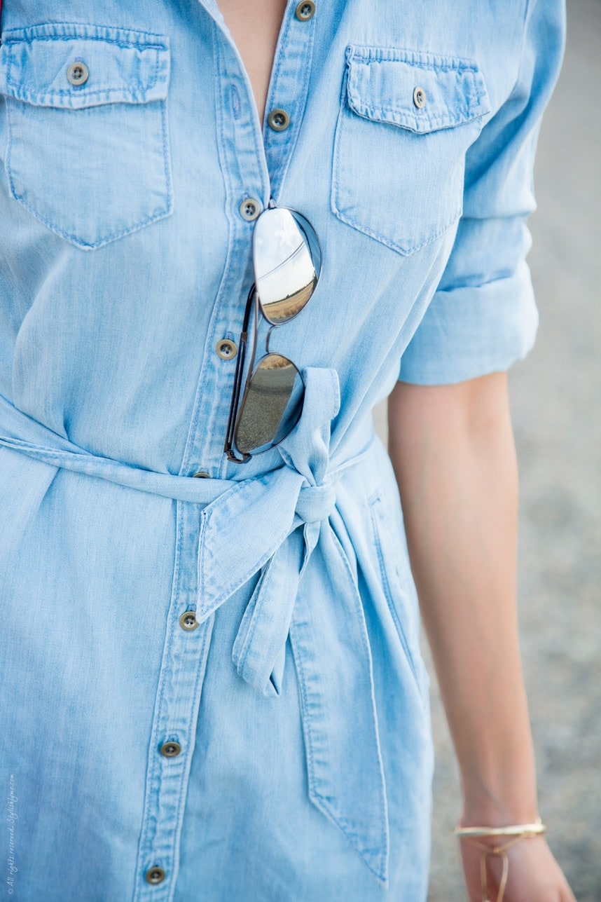 Chambray Shirt Dress and Aviators - Visit Stylishlyme.com for more outfit photos and style tips
