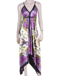 Sundresses for Women - Butterfly Paisley Design Silk Feel Handkerchief Hem Criss Cross Back Adjustable Maxi / Long Dress ( Free Shipping ! ) 