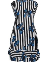 Sundresses for Women - Strapless Jersey Striped Bow Print Ruffle Tube Mini Dress Sundress 