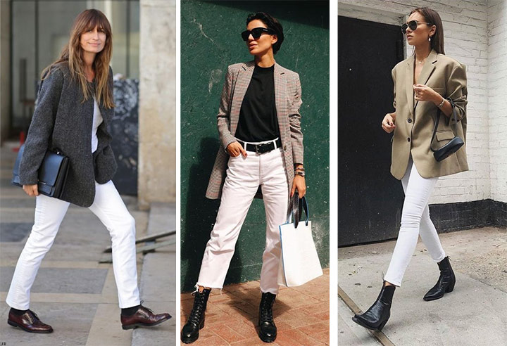 Образы для осени: брюки и чиносы белого цвета и пиджак