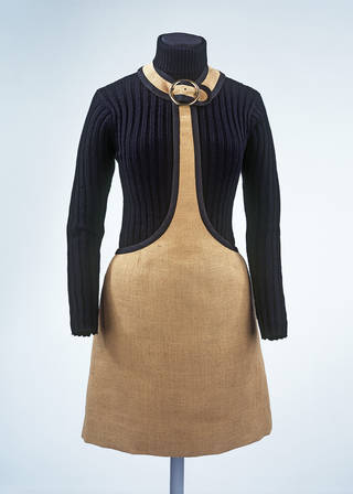 Ensemble of polo neck jumper, black ribbed acrylic and natural hessian mini-dress, Mary Quant, 1965, UK. Museum no. T.110-1976. © Victoria and Albert Museum, London
