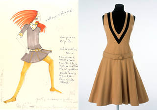 Left to right: dress design, Mary Quant, mid 1960s, UK. Museum no. E.525-1975. © Victoria and Albert Museum, London. Wool pinafore sleeveless dress with A-line skirt, Mary Quant for Bazaar, late 1950s, UK. Museum no. T.219-1995. © Victoria and Albert Museum, London

