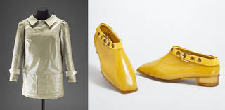 Left to right: PVC raincoat, Mary Quant, 1964, UK. Museum no. T.3-2013. © Victoria and Albert Museum, London. Ankle boots in yellow plastic, Mary Quant, 1967. Museum no. T.59:2-1992. © Victoria and Albert Museum, London

